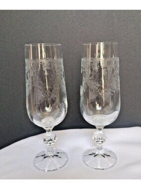 2 Bohemian Crystal Cascade Champagne Flute Etched Swag Knob Stem 6"3/4x2" New